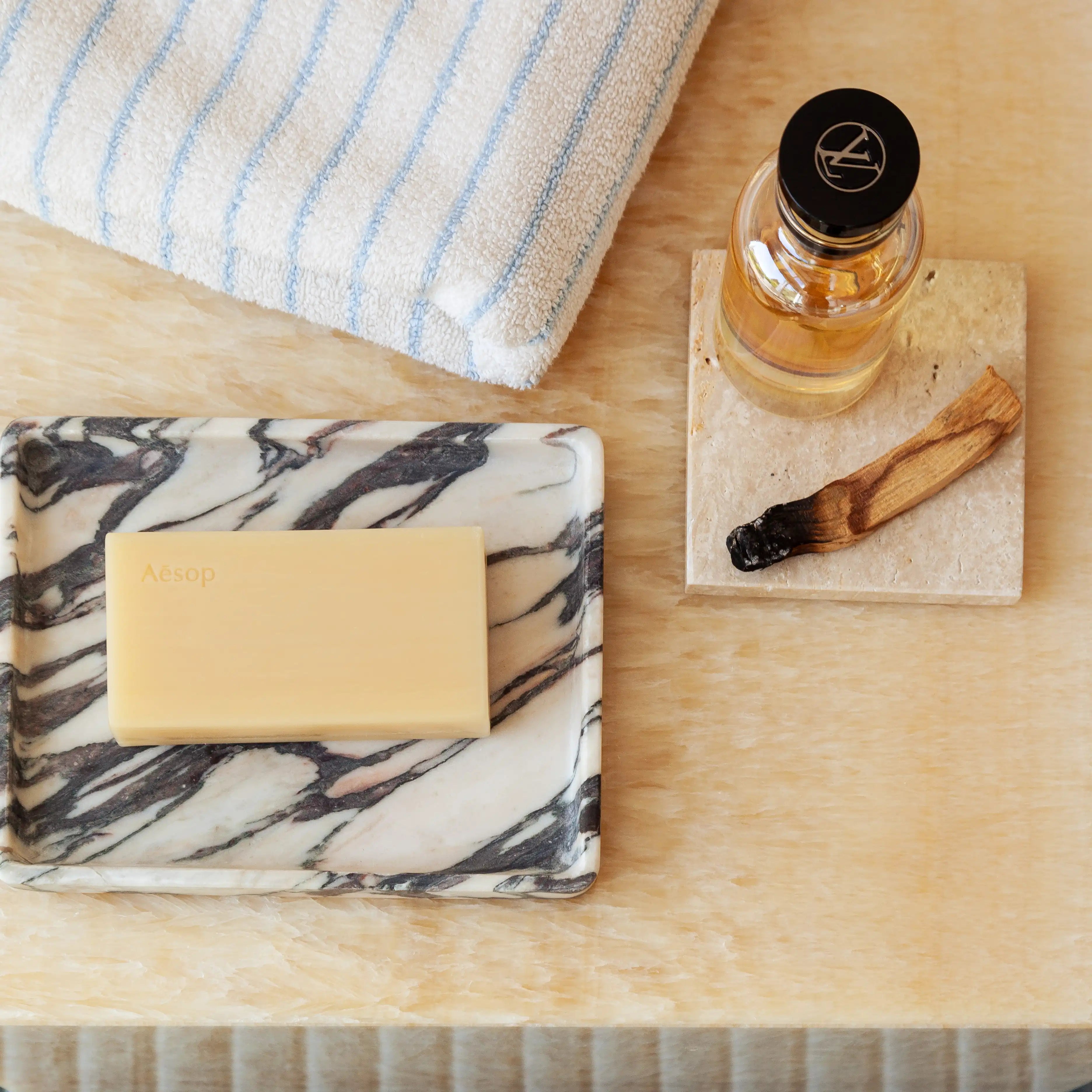 Aesthevore viola calacatta tray coaster interior design bathroom styling with soap, towel and perfume