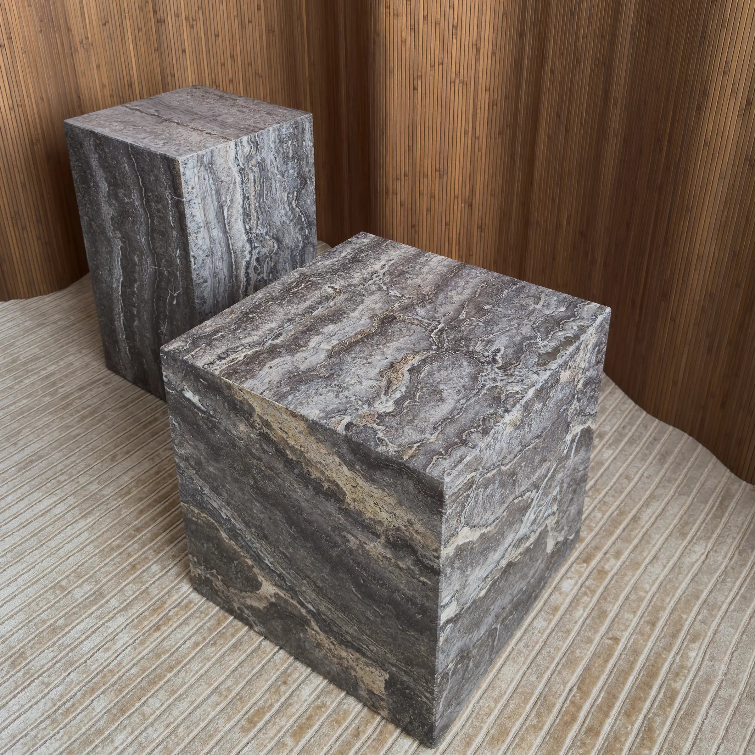 metropolis - titanium travertine side table cube