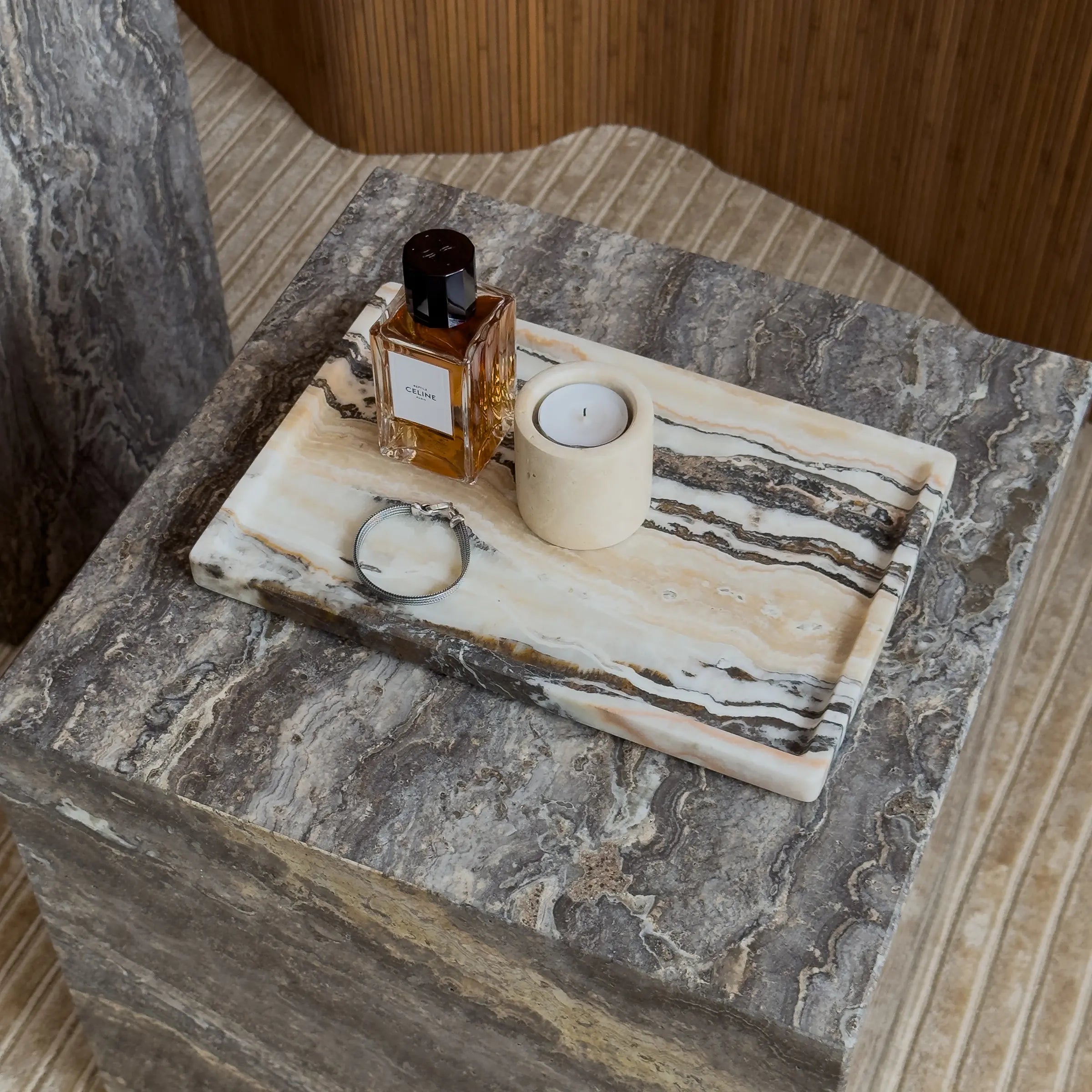 metropolis - titanium travertine side table cube