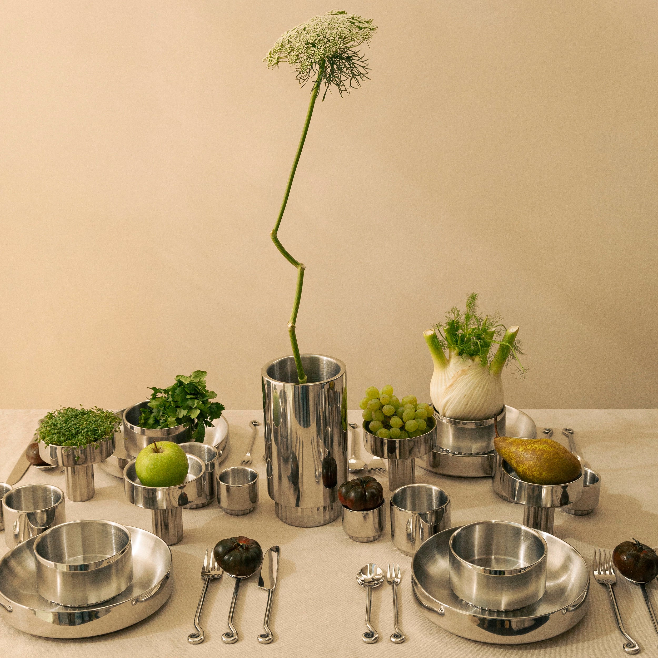 Stainless Steel Tablesetting with Cooler and Vase, Cups, Espresso Cups, Plates, Bowls, Cutlery with fresh flowers, green fruits and tomatoes
