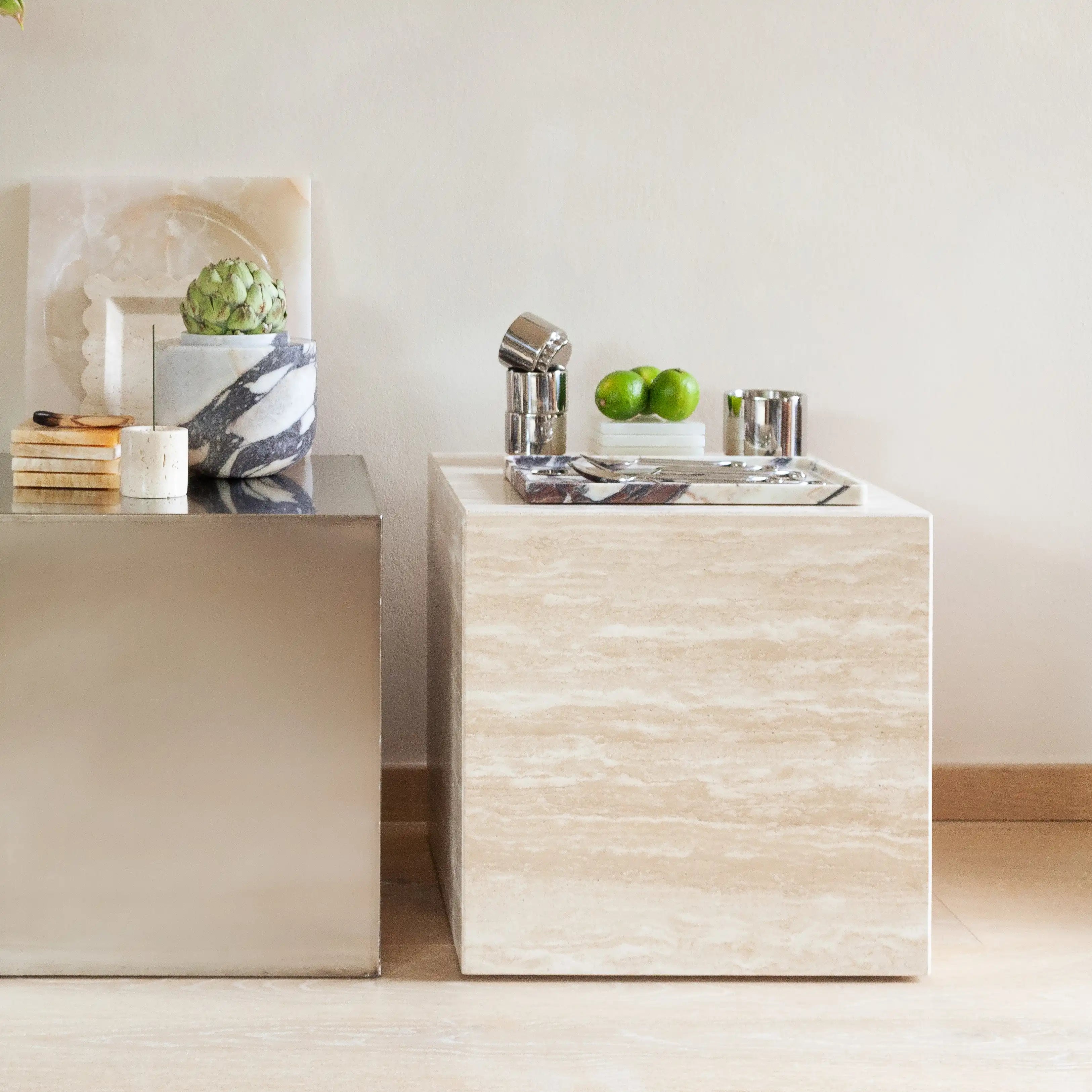 metropolis - beige travertine side table cube