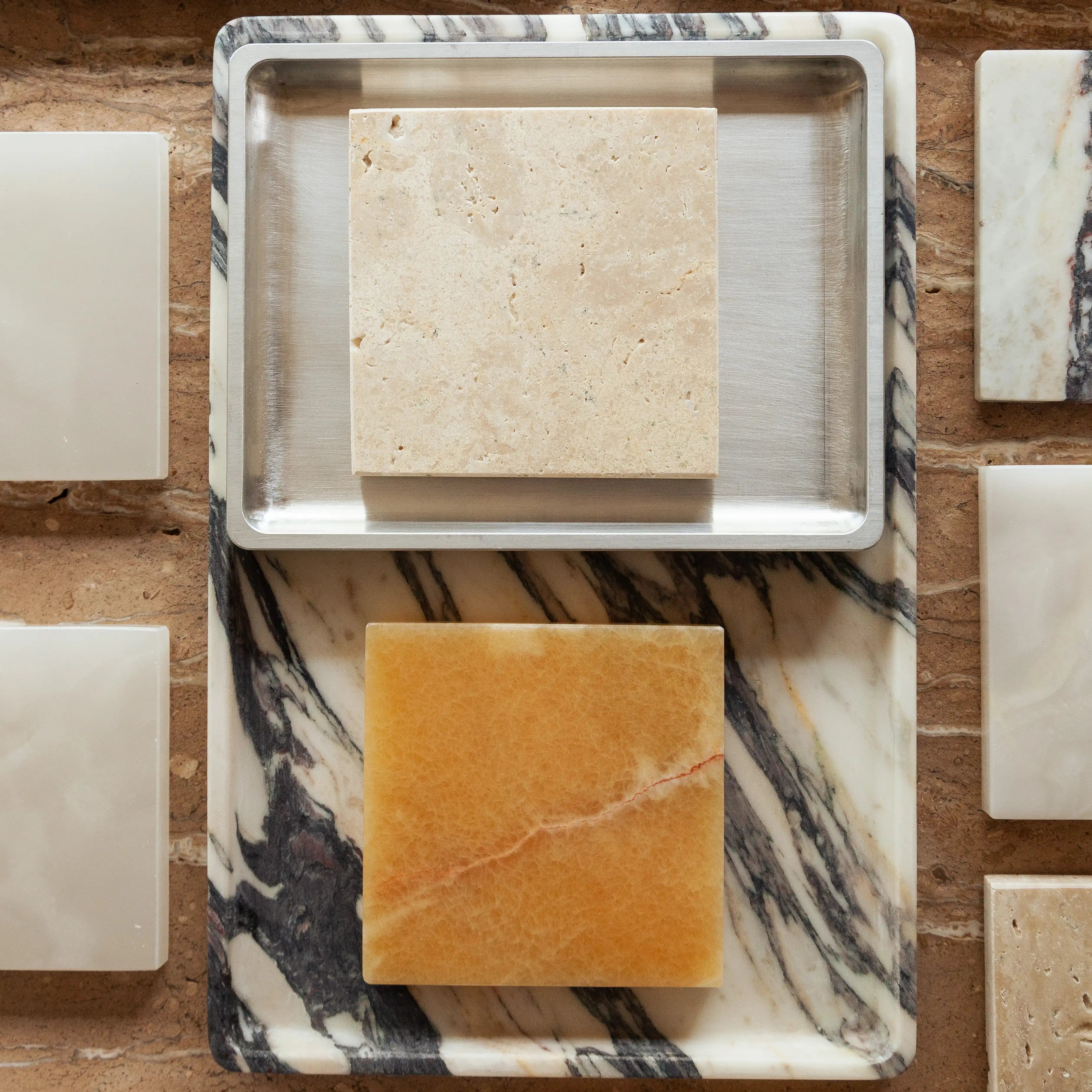 Aesthevore marble onyx travertine steel tray coaster interior design styling with various home decor